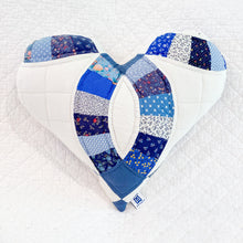 Load image into Gallery viewer, Handmade Vintage Quilt Heart Pillow in rustic farmhouse setting. Blue double wedding ring design
