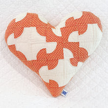 Load image into Gallery viewer, Handmade Vintage Quilt Heart Pillow in rustic farmhouse setting
