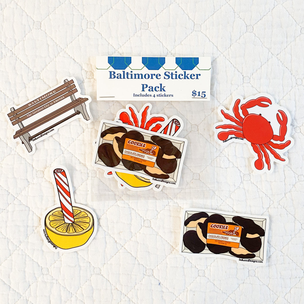 Baltimore Sticker Pack – Waterproof Vinyl Stickers | Bench, Lemon Stick, Cookie & Crab