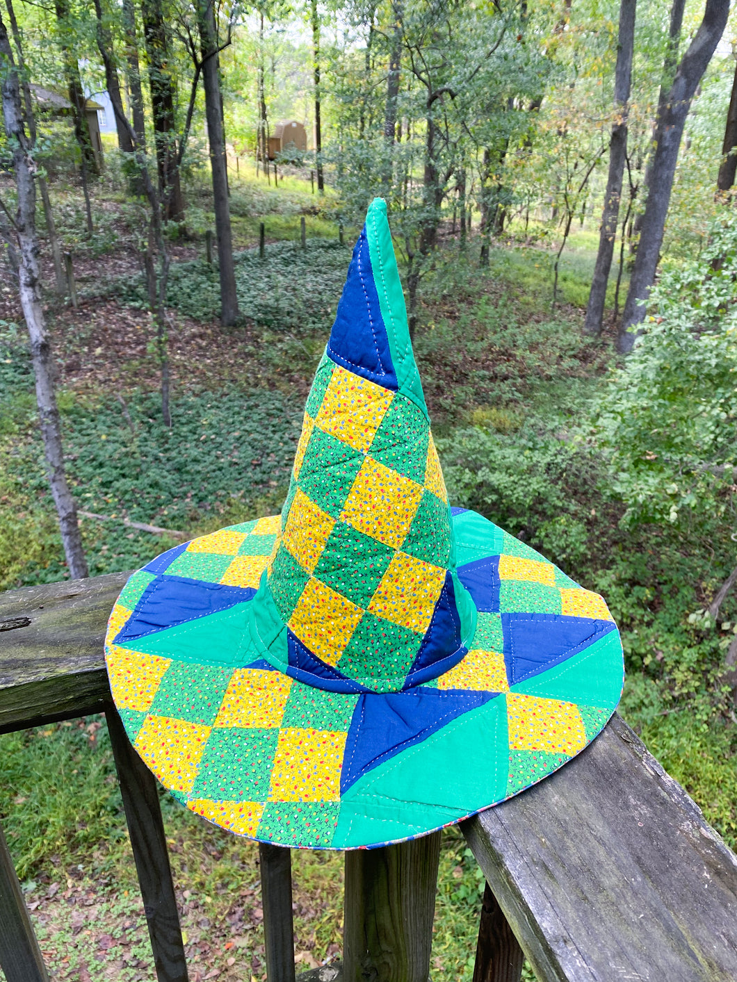 Vintage Quilt Witch Hat –  Green, Yellow & Navy | One of a Kind Handmade Hat
